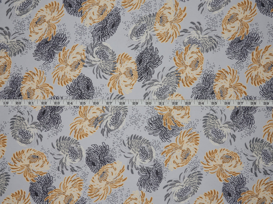 Lightweight  satin  fabric by the yard - Gray yellow floral print