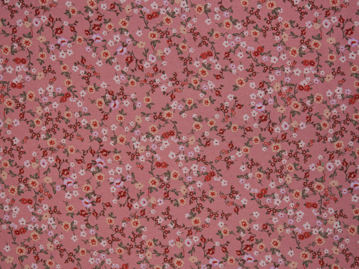 Lightweight  satin  dobby fabric by the yard - Dusty pink with red and yellow   dainty floral pattern