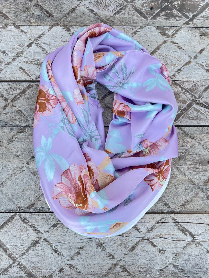 Lightweight  satin  fabric by the yard - Lavender teal rusty orange floral