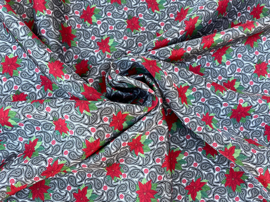 Charmeuse Satin sublimation  fabric by the yard - Black Paisley and Poinsettias Christmas print