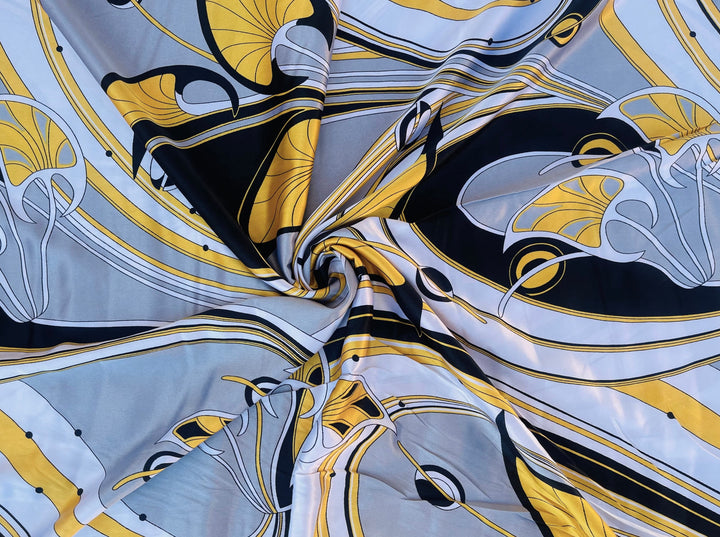 Faux silk charmeuse satin fabric by the yard - Gray black yellow nature pucci inspired   print