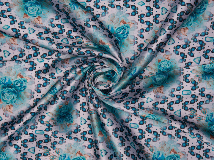 Charmeuse Satin sublimation  fabric by the yard -  Butterflies Roses and jewels  print