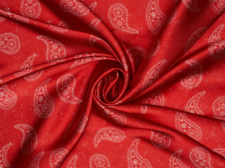 Charmeuse satin fabric by the yard - Red and off white paisley print