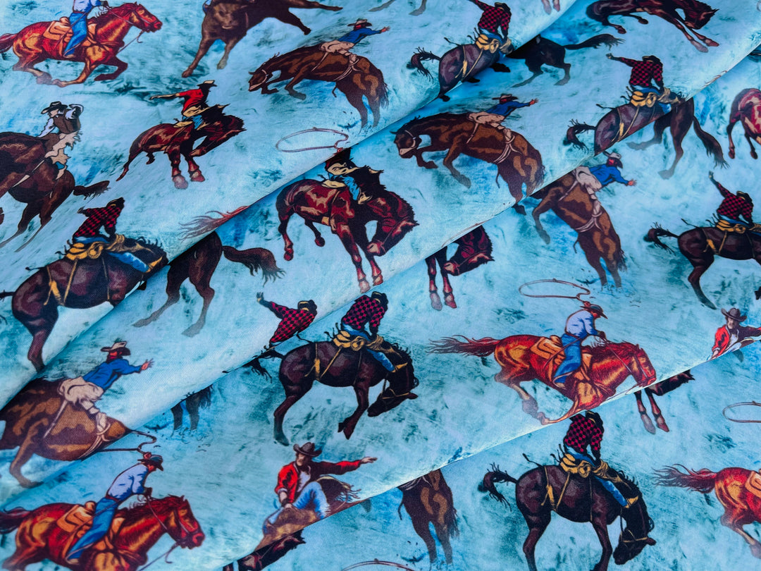 Charmeuse Satin sublimation  fabric by the yard -  Buckin’ Horses - Cowboys western    print