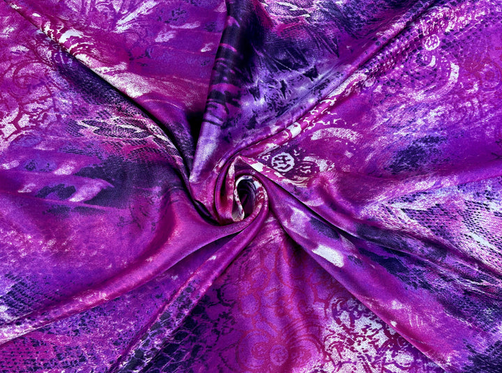 Charmeuse satin fabric by the yard  -  Purple pink snake paisley animal print