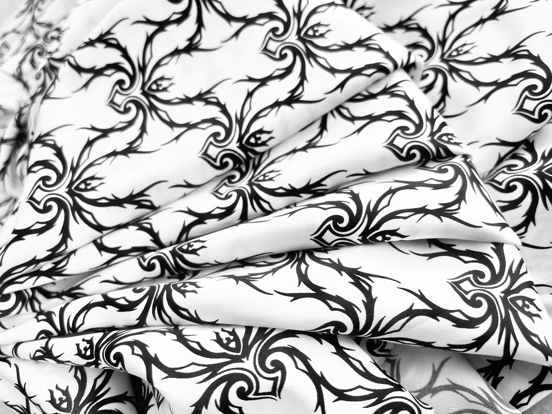 Faux silk charmeuse satin fabric by the yard - black and white lattice lace print