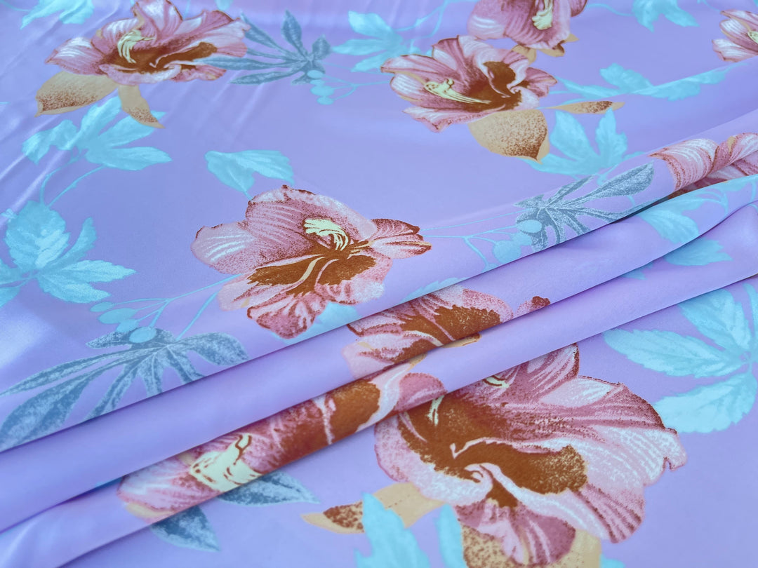 Lightweight  satin  fabric by the yard - Lavender teal rusty orange floral