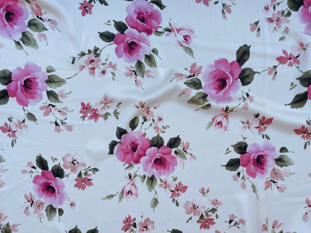 Lightweight satin fabric by the yard - Pink Roses on off white  background