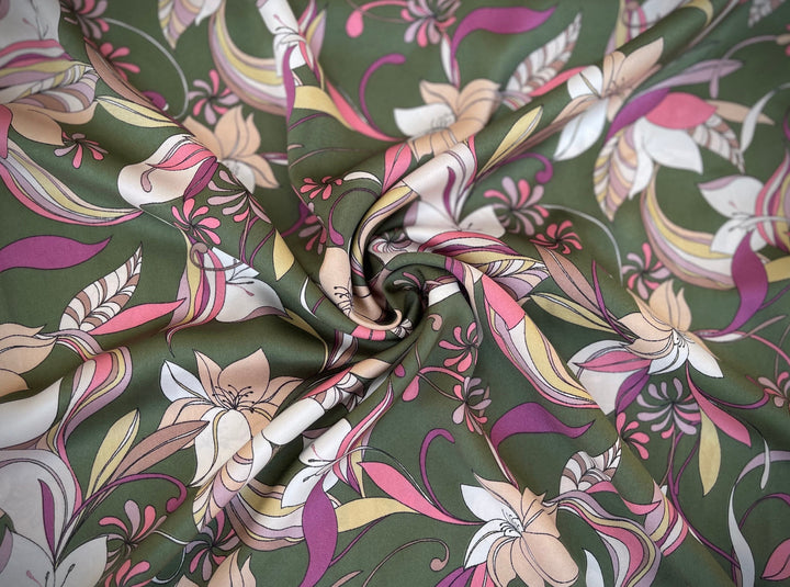 Lightweight  satin stretch fabric by the yard - Green lavender ivory  floral