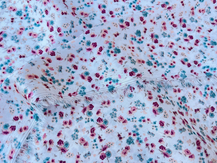 Lightweight  satin  fabric by the yard - Pink teal on white dainty  floral  print