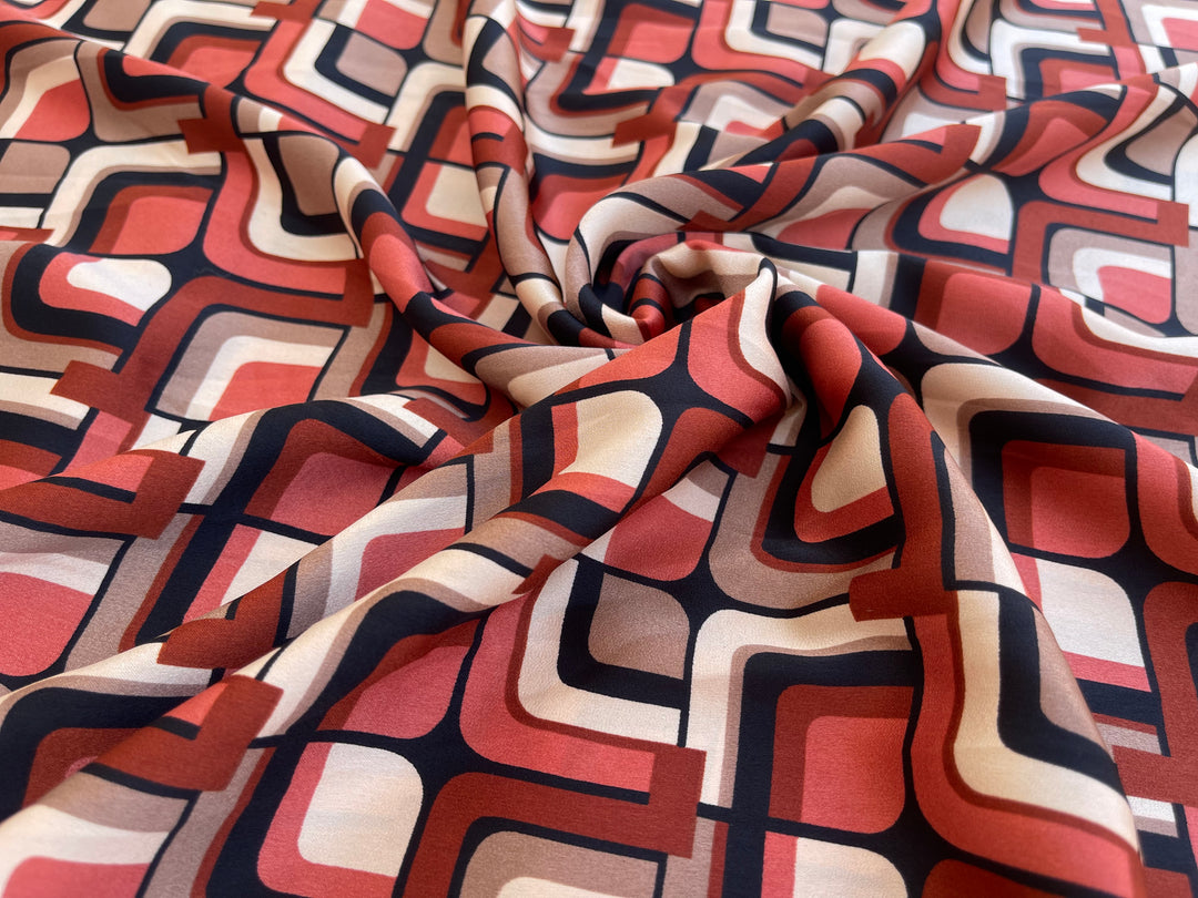 Lightweight stretch   satin  fabric by the yard -  Orange brown square tile pattern