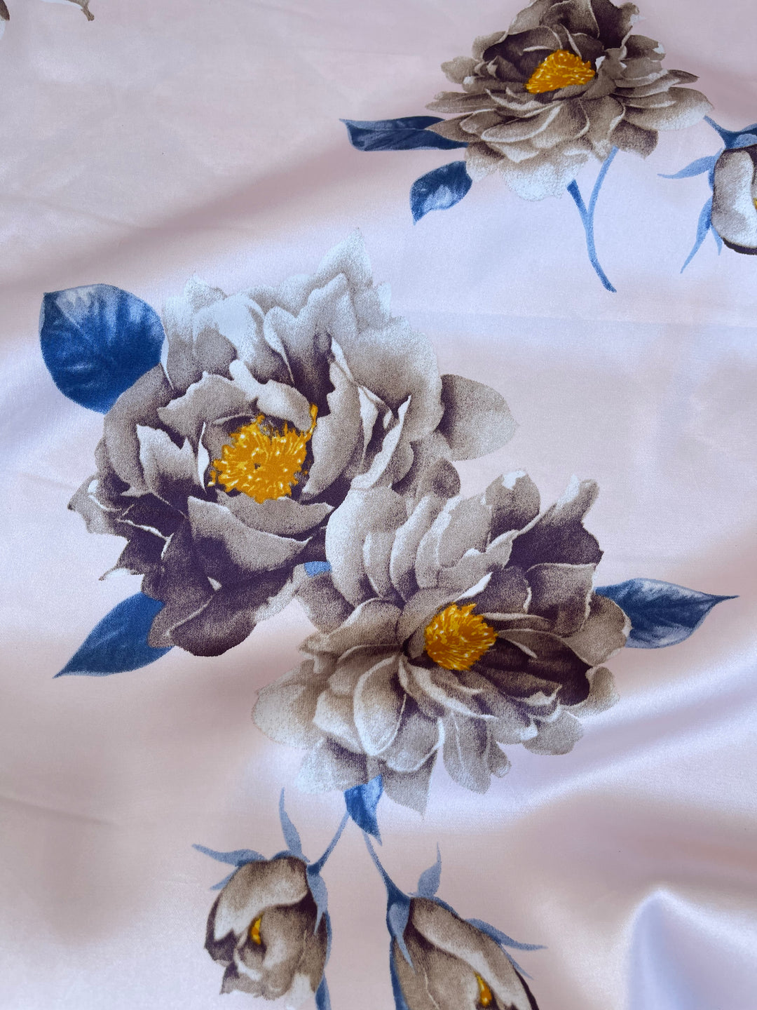 Faux silk charmeuse satin fabric by the yard - Peach with blue and old sage  flowers  print