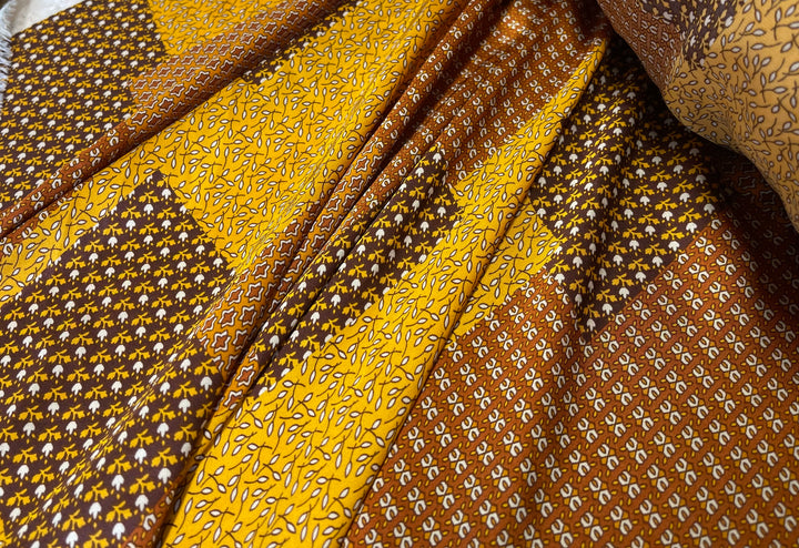 Lightweight  satin  fabric by the yard - Brown mustard dainty floral  patchwork  print