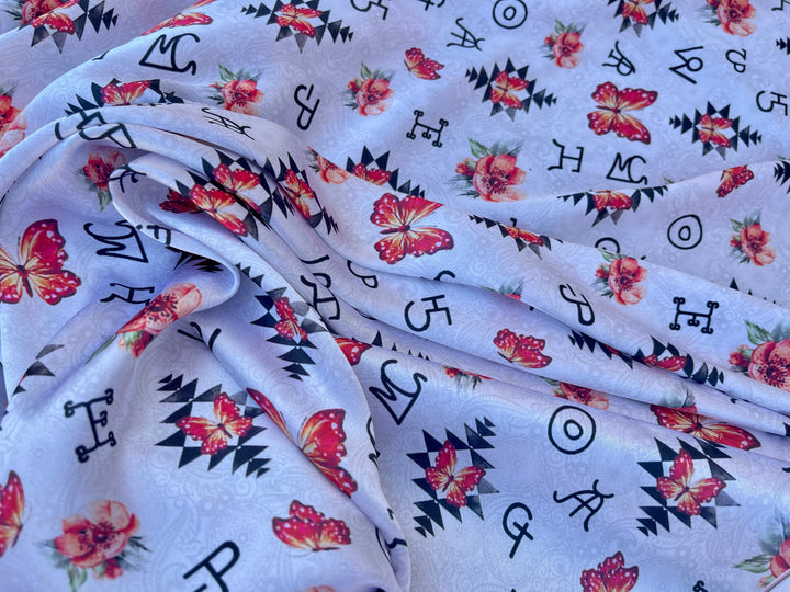 Charmeuse Satin sublimation  fabric by the yard -   Butterflies, paisleys and brands  print