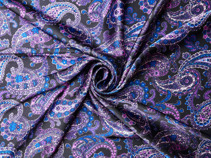 Paisley charmeuse satin fabric by the yard - Black purple and teal  tones