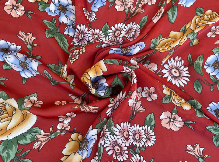 Lightweight  satin fabric by the yard - orange blue yellow floral  print