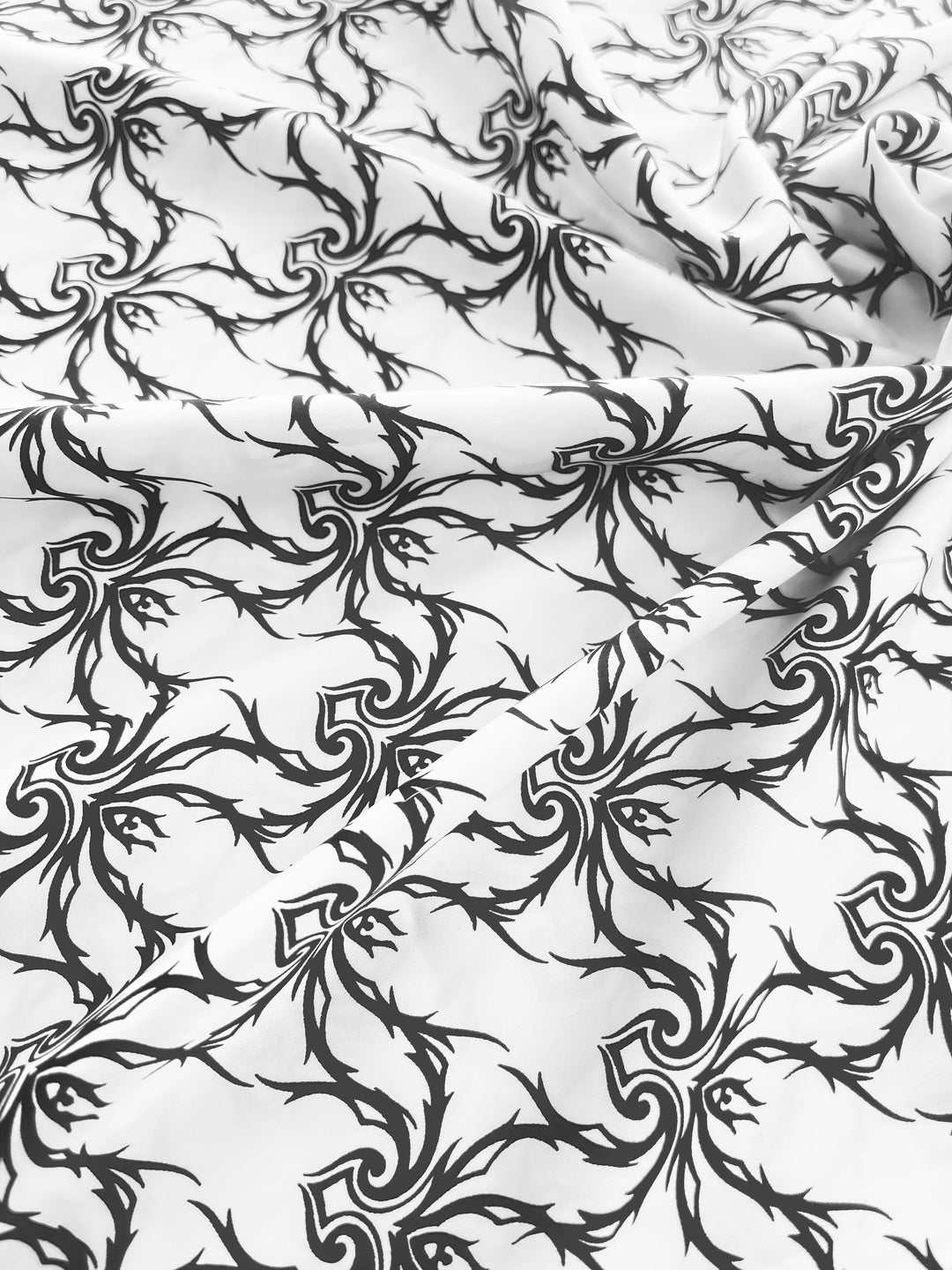 Faux silk charmeuse satin fabric by the yard - black and white lattice lace print