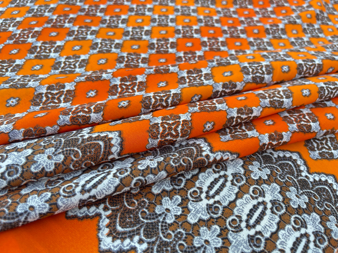 Peachskin  fabric by the yard - Orange brown off white  motif tribal aztec