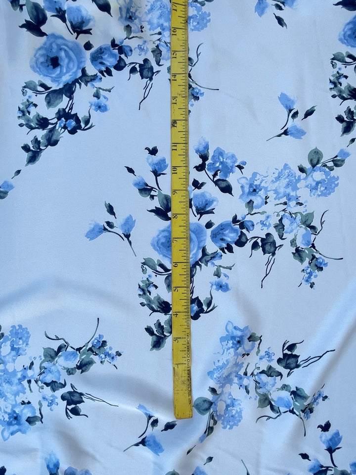 Lightweight  satin  fabric by the yard - off white blue floral  print