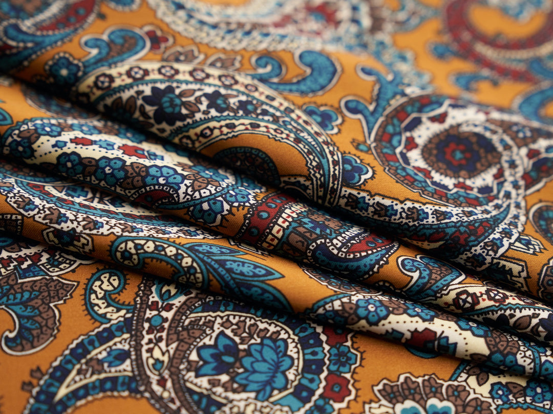 Paisley charmeuse satin fabric by the yard - Mustard brown and Burgundy   tones