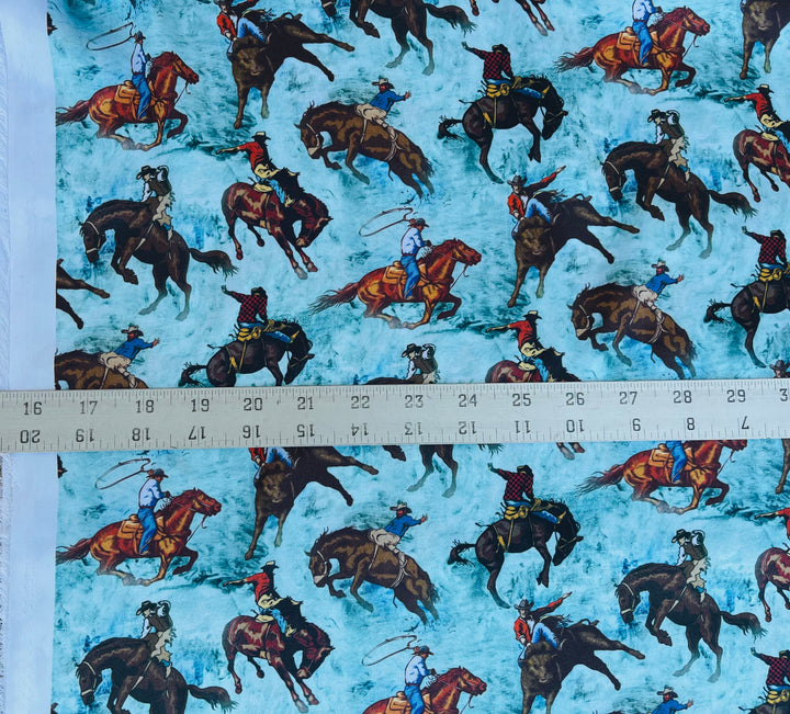 Charmeuse Satin sublimation  fabric by the yard -  Buckin’ Horses - Cowboys western    print