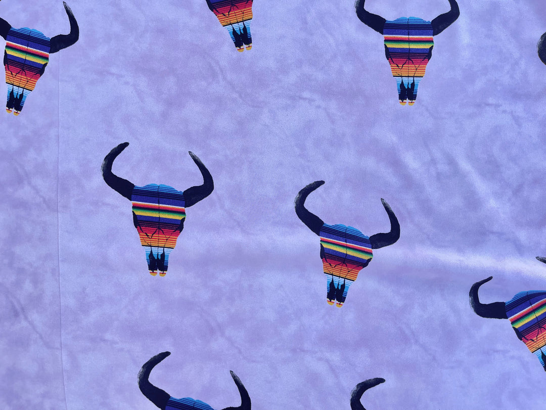 Stretch Crepe  fabric by the yard - Serape skull on lavender  tie dye western print