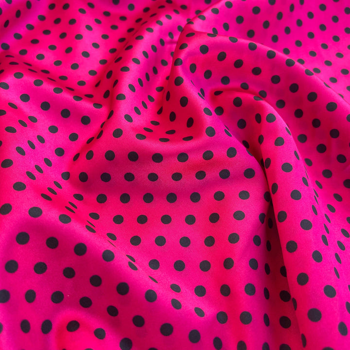 Faux silk charmeus satin fabric by the yard - black polka dots on Hot Pink