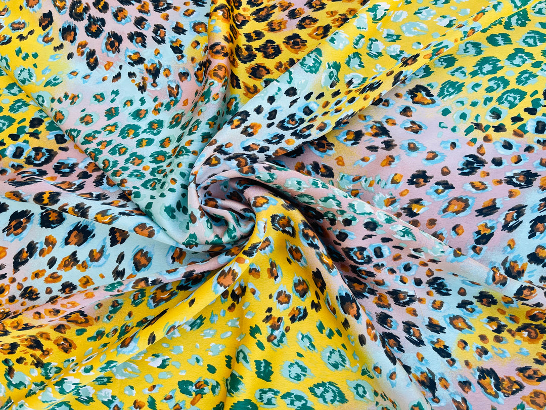 Lightweight  satin  fabric by the yard - Yellow aqua coral animal print