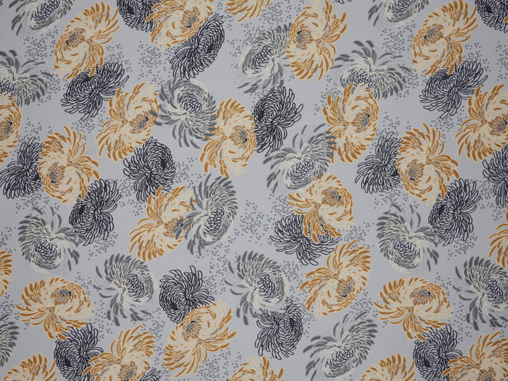 Lightweight  satin  fabric by the yard - Gray yellow floral print