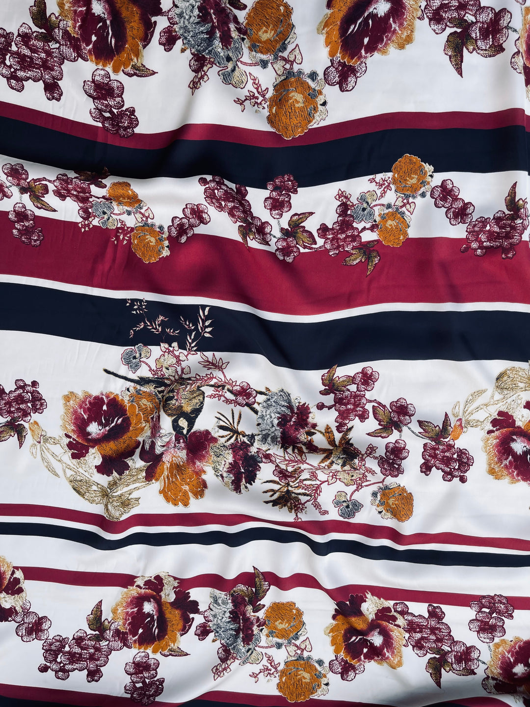 Lightweight  satin  fabric by the yard - Striped aviary floral  print