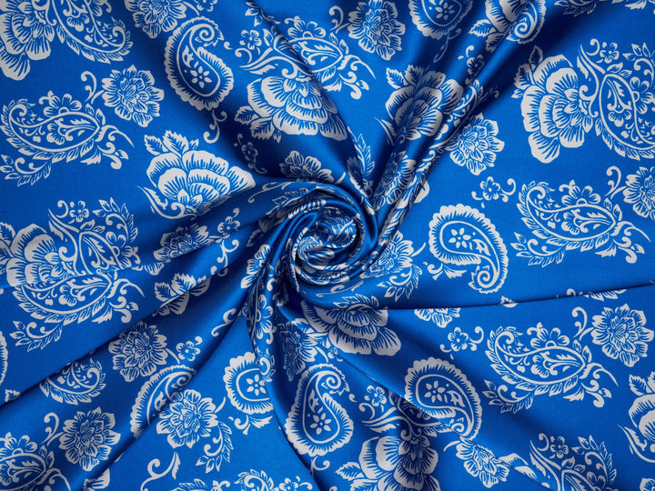 Paisley charmeuse satin fabric by the yard -  Royal blue floral paisley