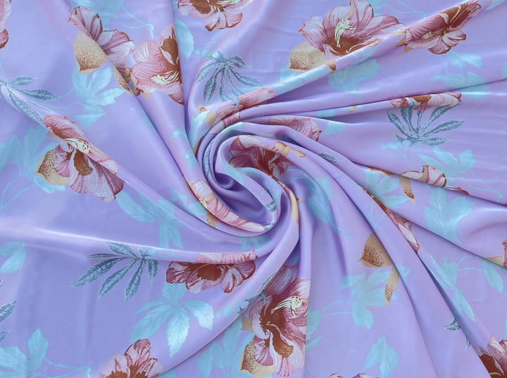 Lightweight  satin  fabric by the yard - Lavender teal rusty orange floral