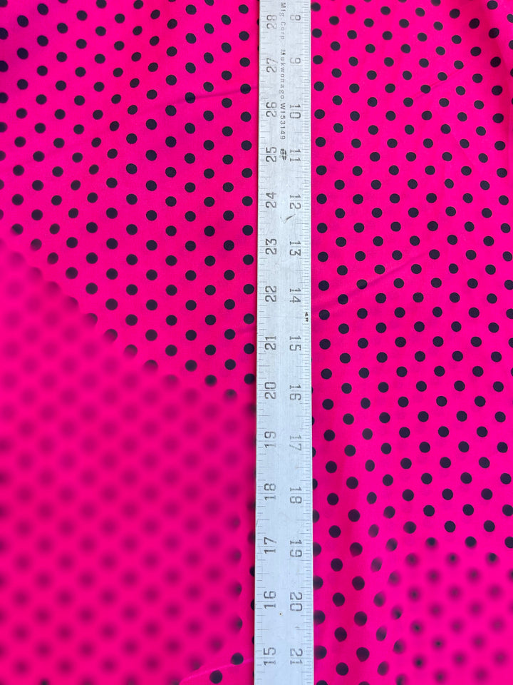 Faux silk charmeus satin fabric by the yard - black polka dots on Hot Pink