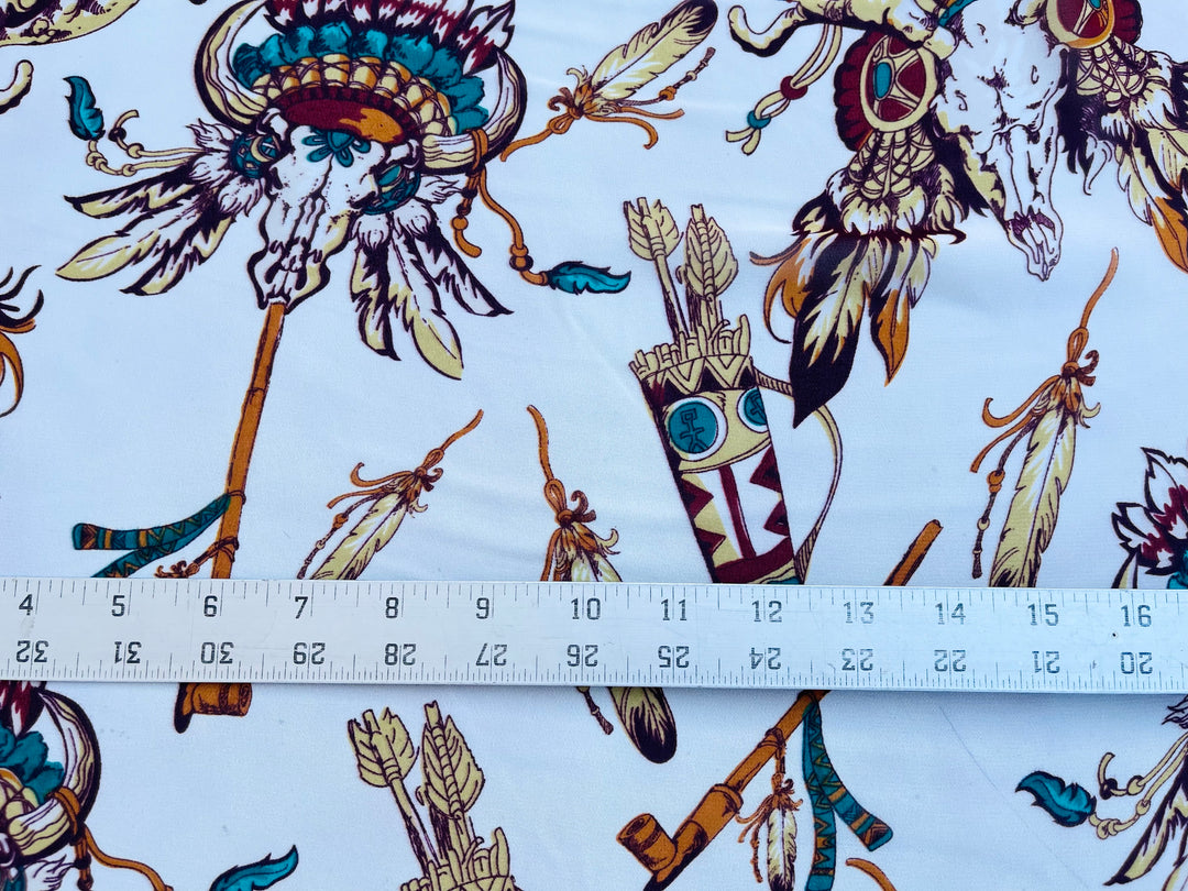 Chiffon fabric by the yard - Feathers cow skull tribal aztec western  print