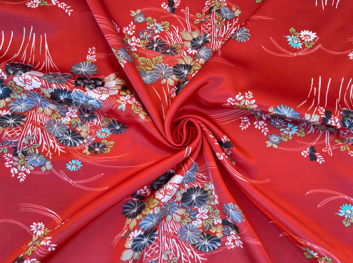 Charmeuse satin fabric by the yard  -  Red blue florwer bundles print