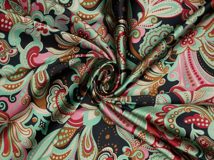 Charmeuse silky satin fabric by the yard -  Black teal paisley print