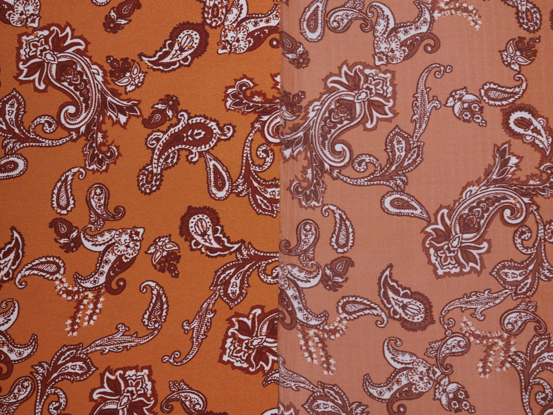 Charmeuse satin fabric by the yard - Burnt Orange distressed paisley   print