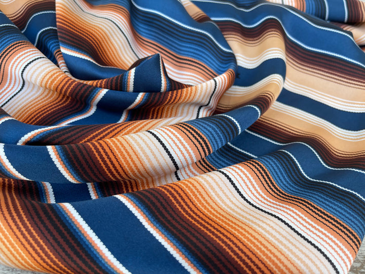 Serape boho charmeuse satin fabric by the yard - Brown blue orange