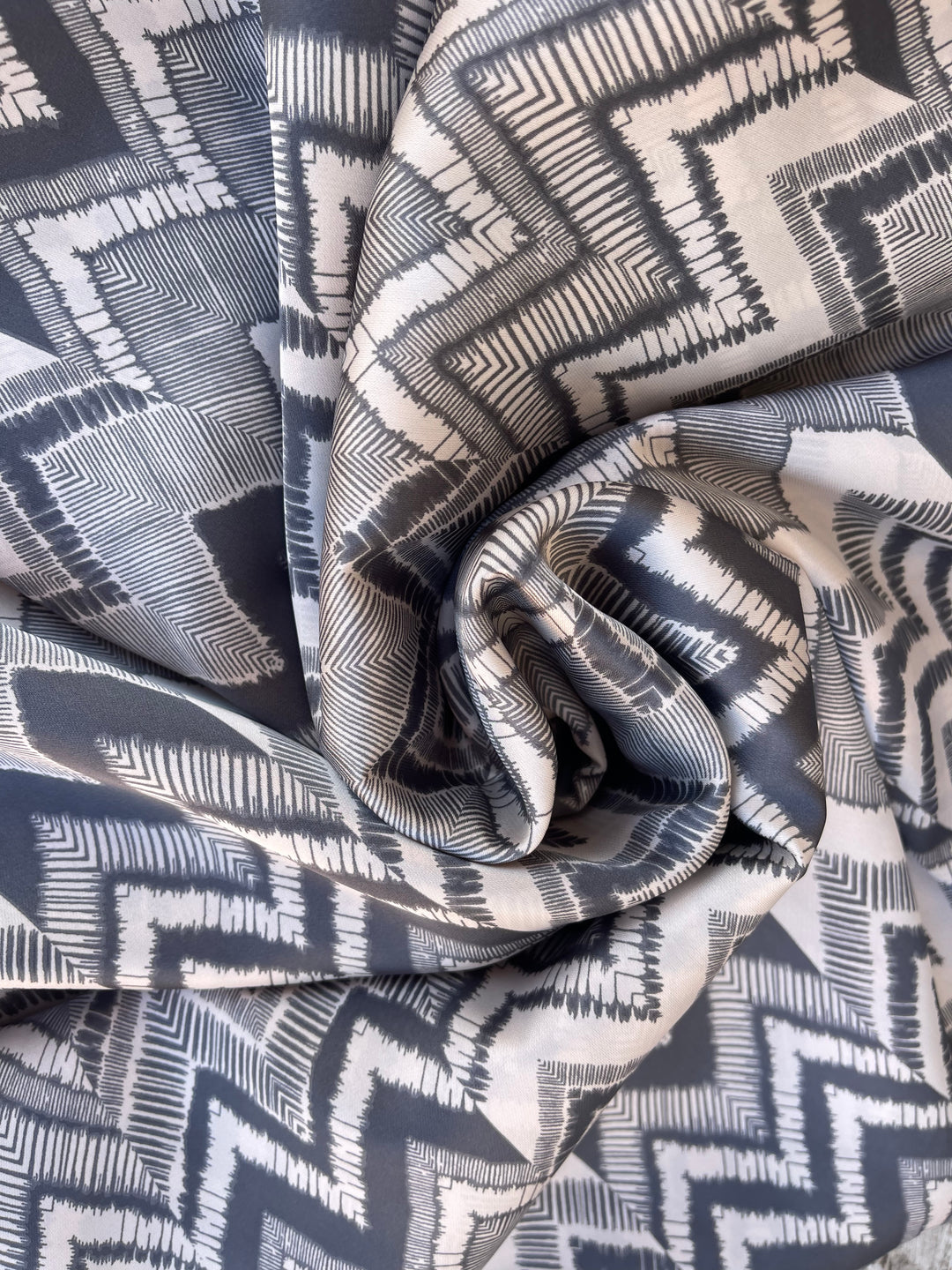 Lightweight  satin fabric by the yard - Gray off white chevron  print