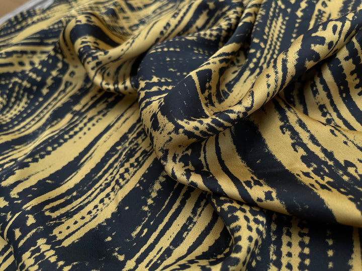 Lightweight  satin  fabric by the yard - Bronze Mustard and black abstract  print