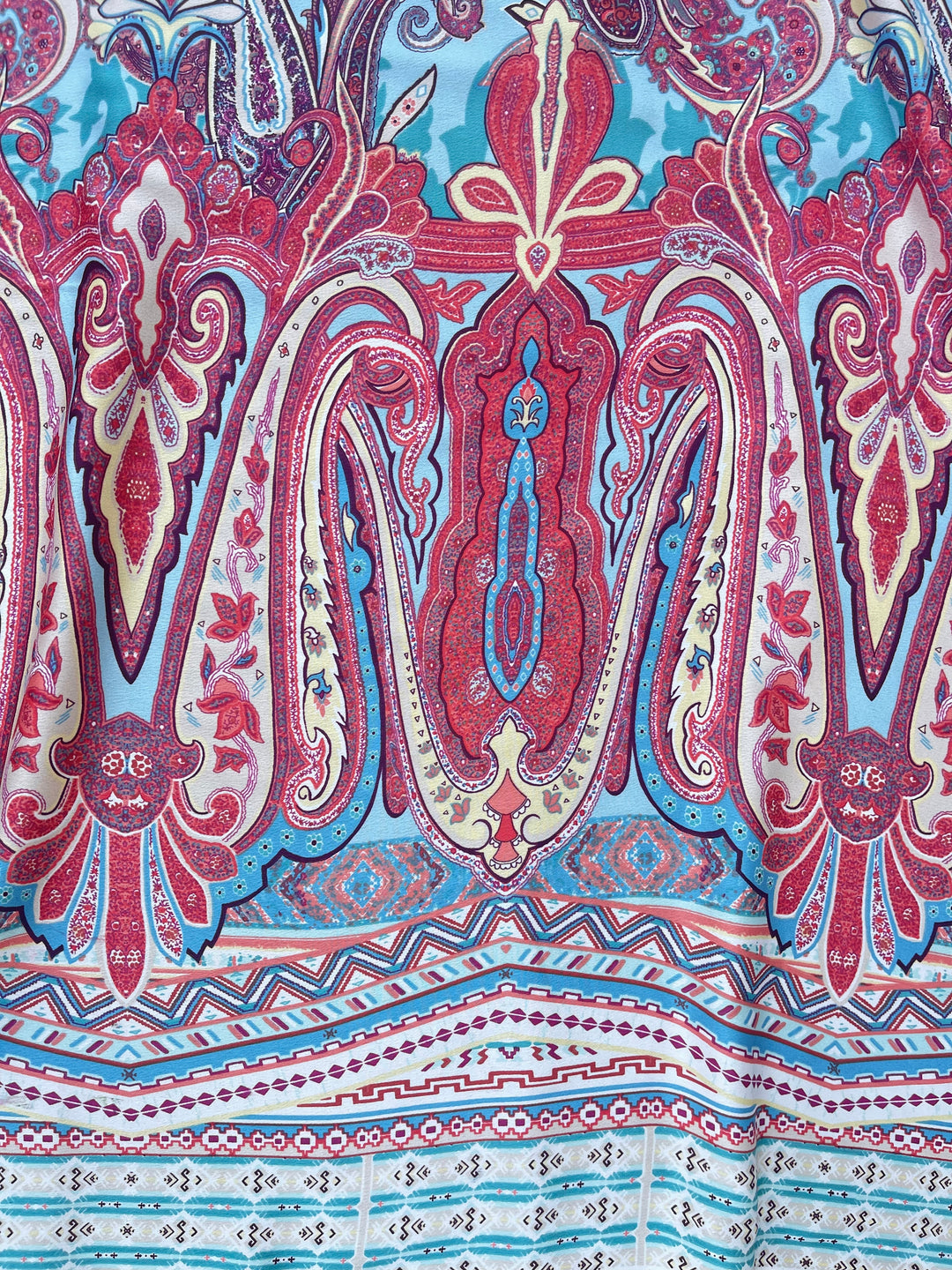 Lightweight  satin  dobby fabric by the yard - Aqua red  paisley tribal border print