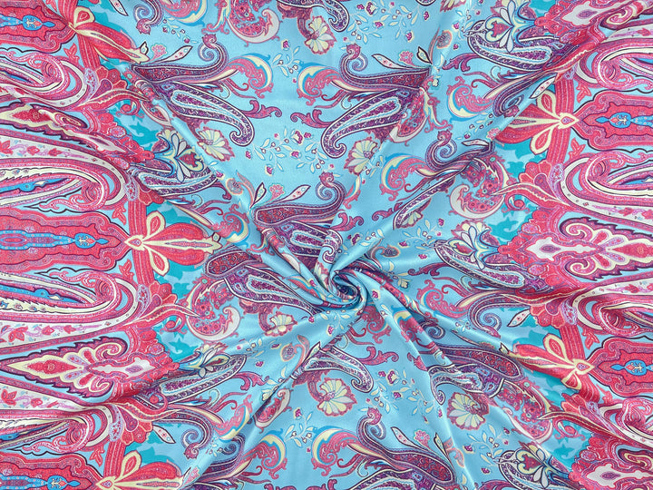 Lightweight  satin  dobby fabric by the yard - Aqua red  paisley tribal border print