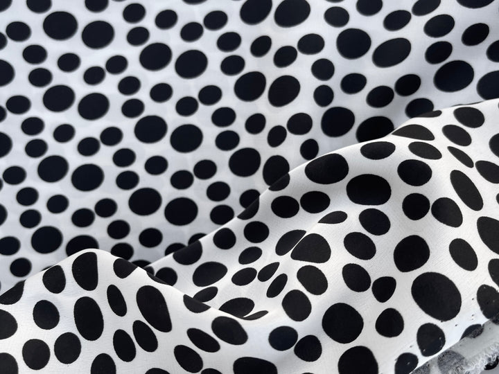 Silky lightweight  satin fabric by the yard - Black polka dots on White