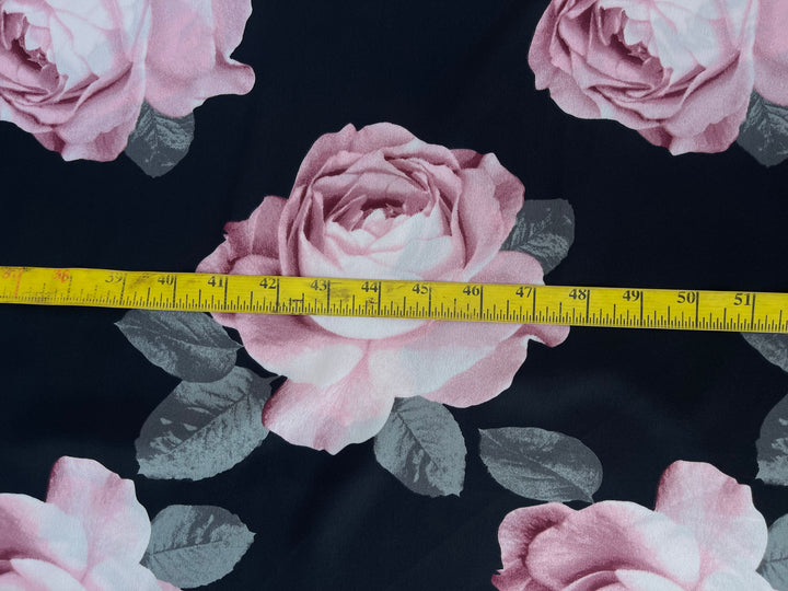 Lightweight  satin  fabric by the yard - Black and peachy tones floral  print