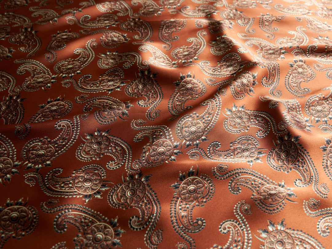 Charmeuse satin fabric by the yard -  MonSar exclusive   Spurs  paisley print