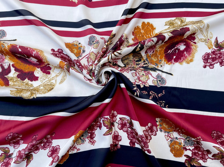 Lightweight  satin  fabric by the yard - Striped aviary floral  print