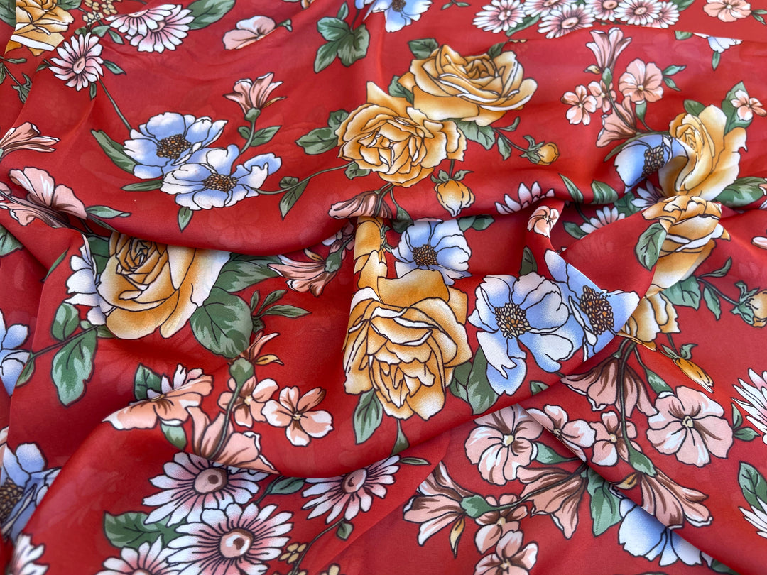 Lightweight  satin fabric by the yard - orange blue yellow floral  print