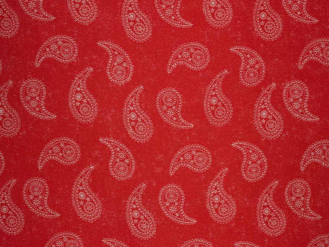 Charmeuse satin fabric by the yard - Red and off white paisley print