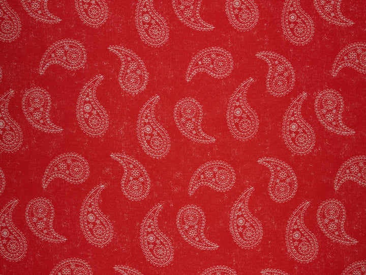 Charmeuse satin fabric by the yard - Red and off white paisley print