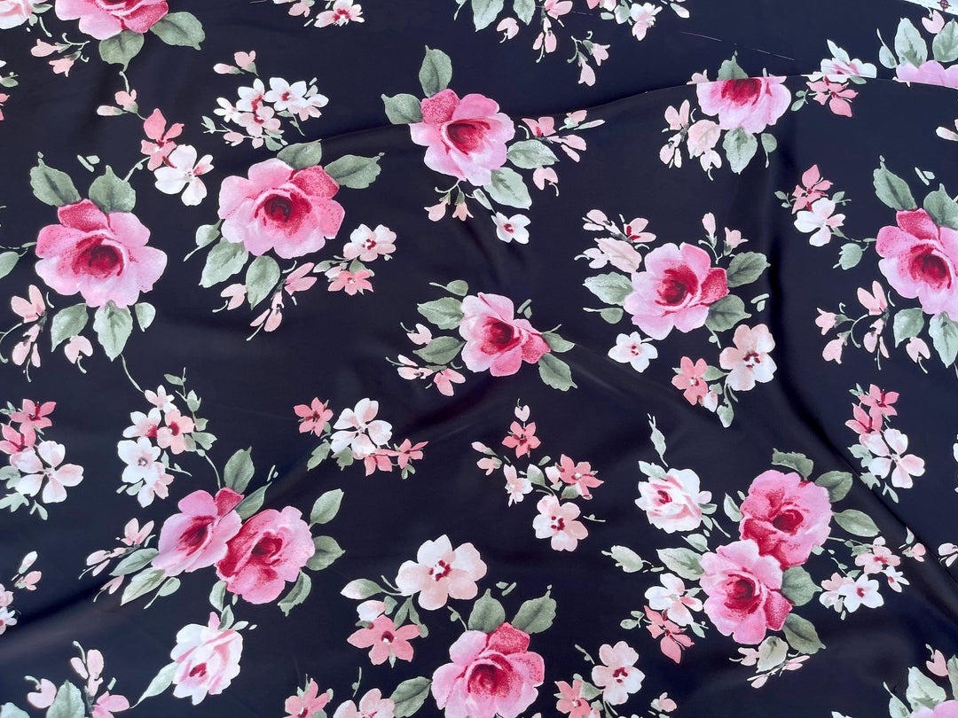 Lightweight satin fabric by the yard - Pink Roses on Black background